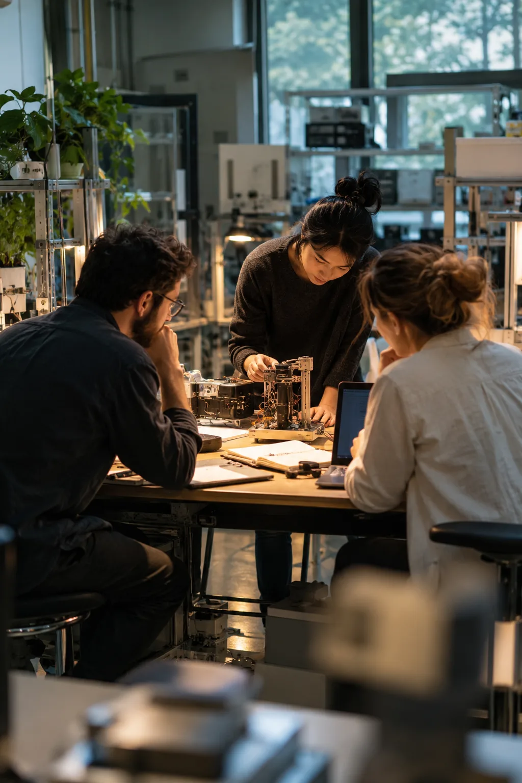 Researchers collaborating around a prototype in a laboratory