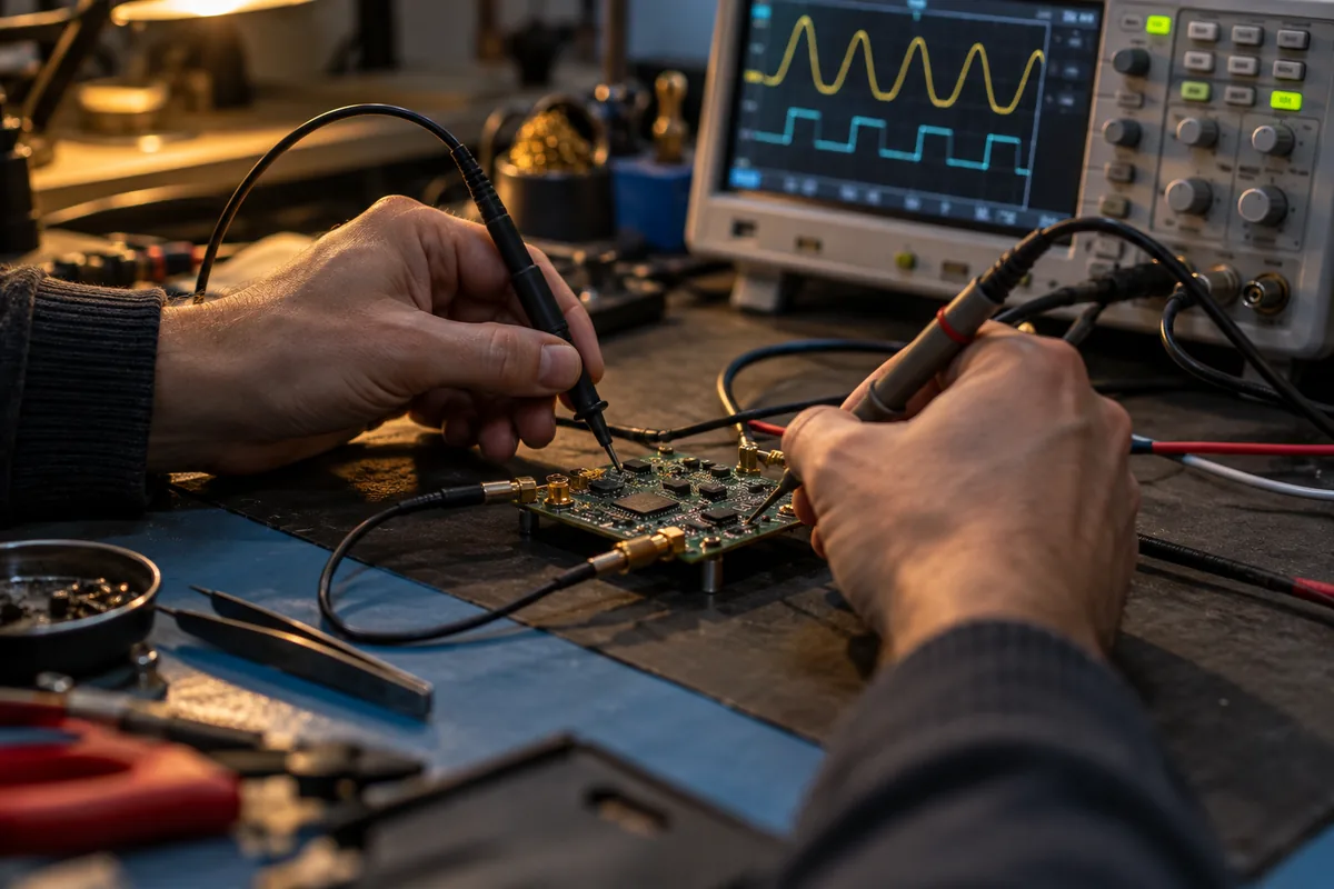 Engineer testing an electronic circuit board with an oscilloscope