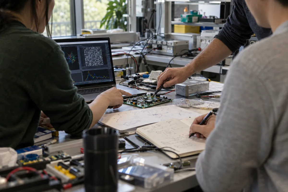 Research team working together around an electronics laboratory table