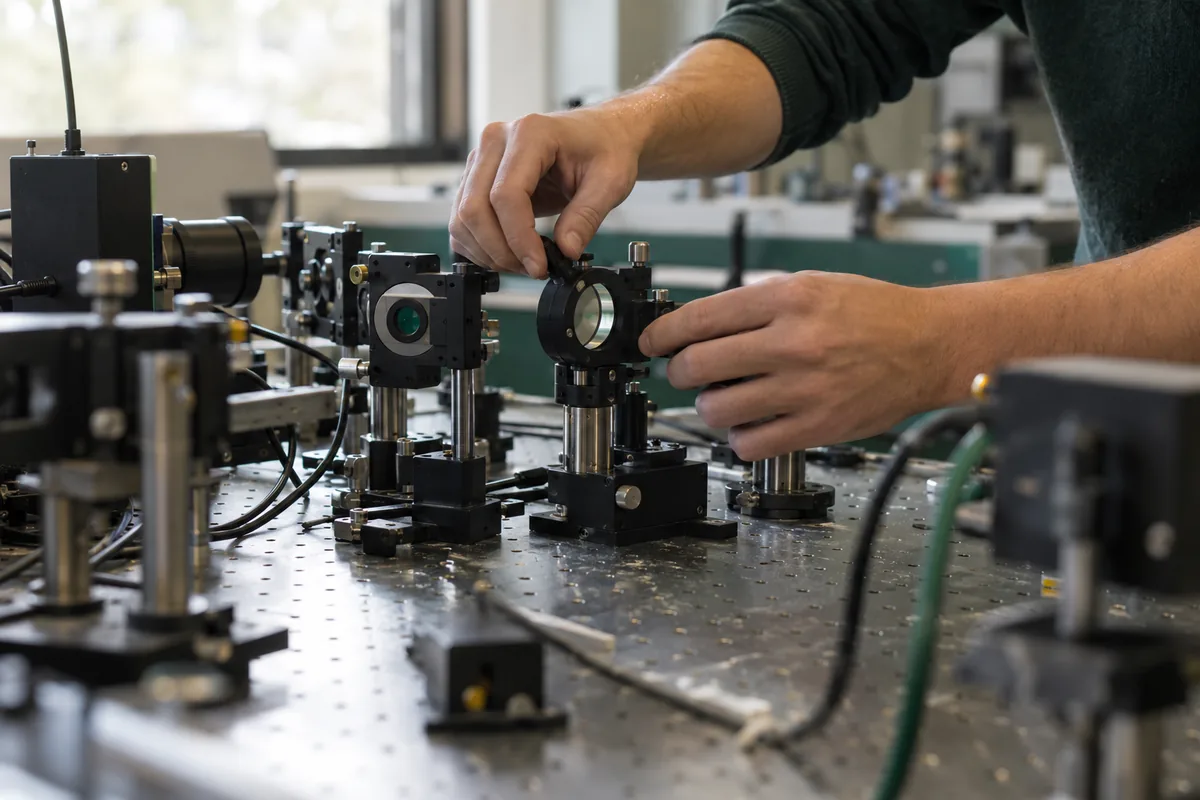 Researcher adjusting precision optical equipment at a laboratory workbench